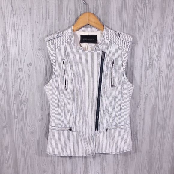 BCBGMaxAzria Vest Canvas Moto Zip Jacket Stripe Cream Navy Y2K Vintage Retro - Picture 1 of 6